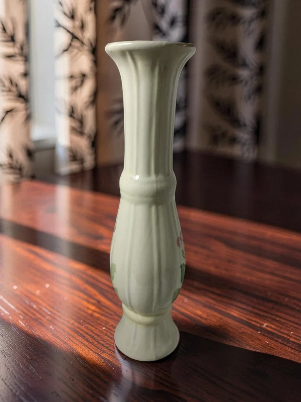 Vintage 1981 FTDA Ivory Ceramic Slender Tall Hand Painted Floral Motif Vase